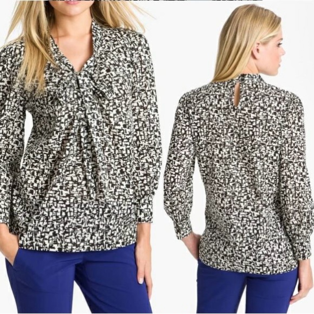 Kate Spade Reade Tie Neck Blouse Long Sleeve Popover style Black / White  Size 8